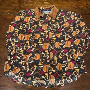 Vtg 90s Rhythm Blue Equestrian Shirt Fx Velvet Collar Horse Saddle Horn Print XL